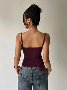 Aloruh 女款純色對比蕾絲修身時尚細肩帶背心 - 紫色 - 查看 2