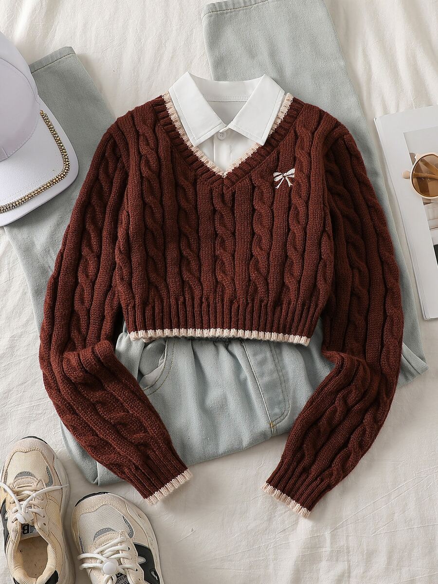 SHEIN 少女復古刺繡麻花針織時尚長袖毛衣 - 棕色 - 查看 1
