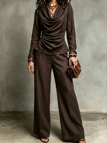 SHEIN Women's Solid Color Cowl Neck Long Sleeve Top + Wide Leg Pants 2 Pieces Set - Coffee Brown - View 5