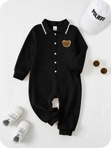 SHEIN 新生兒男嬰/女嬰秋冬款可愛卡通圖案 Polo 領長袖連身衣 - 黑色 - 查看 5
