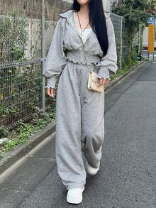 FRIFUL Women's Korean Style Ruched Waist Hooded Sweatshirt And Loose Pants 2 Pieces Set Fall - Grey - View 1