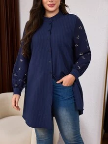 Lacomfia Minimalist Casual Solid Color Patchwork Ditsy Floral Stand Collar Long Sleeve Loose Regular Fit Plus Size Shirt, Spring/Autumn - Navy Blue - View 5