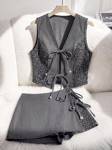 GlowEve 女款豹紋V領上衣與裙褲休閒日常牛仔套裝 - 灰色 - 查看 1