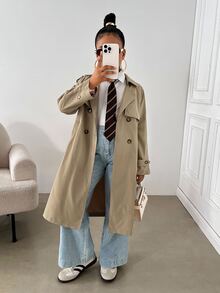 SHEIN 兒童青少年女孩時尚休閒卡其色梭織雙領鬆身長款風衣外套，秋冬款，休閒通勤街頭風 - 卡其色 - 查看 4