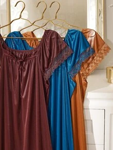 MuseNap CURVE Solid Color 3 Pieces Plus Size Women's Contrast Lace Front Tie Nightgown Set - Multicolor - View 4