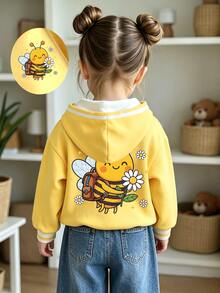 (1 Pc) Baby Girls Fall Winter Cute Bee & Flower Yellow Sweatshirt Hooded Sweatshirt Striped Contrast Color - Multicolor - View 4