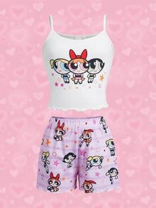 THE POWERPUFF GIRLS X SHEIN Tween Girl Cartoon Camisole And Shorts Casual Daily Home Sleepwear Set - White - View 3