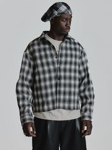 Musero Oversized Drop Shoulder Check Flannel Shirt Button Fastening Autum Winter Essentials - Black and White - View 2
