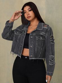 SHEIN ICON 大尺碼女款單排扣休閒日常牛仔夾克 - 深灰色 - 查看 5