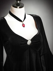 SHEIN ICON Plus-Size Y2K Gothic Retro Dress Featuring A Chest Cutout, Flared Sleeves, And Contrasting Ruffles; Halloween Dress; Witch Costume. Fall - Black - View 6