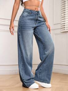 SHEIN PETITE Casual Washed Straight Leg Denim Jeans - Medium Wash - View 3