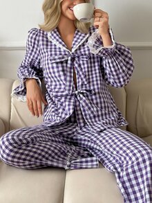 DAZY Women's Plaid Top And Pants Pajama Set Fall - Purple - View 3