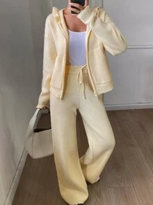 DAZY Solid Color Loose Hooded Zip-Up Sweater And Straight Leg Pants Casual Vacation Autumn/Winter Two Pieces Set For Women - Yellow - View 1