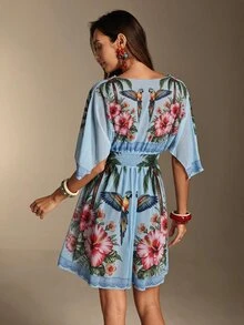 SHEIN Swim 2026SS 春夏新款椰子樹印花度假海灘海邊休閒熱帶風女款罩衫洋裝 淺藍色 - 藍色 - 查看 6