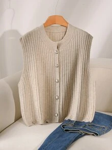 CosyJoli Plus Size Elegant French Casual Ribbed Knit Sweater Top With Metal Buttons, Minimalist Versatile For Women Winter - Apricot - View 1