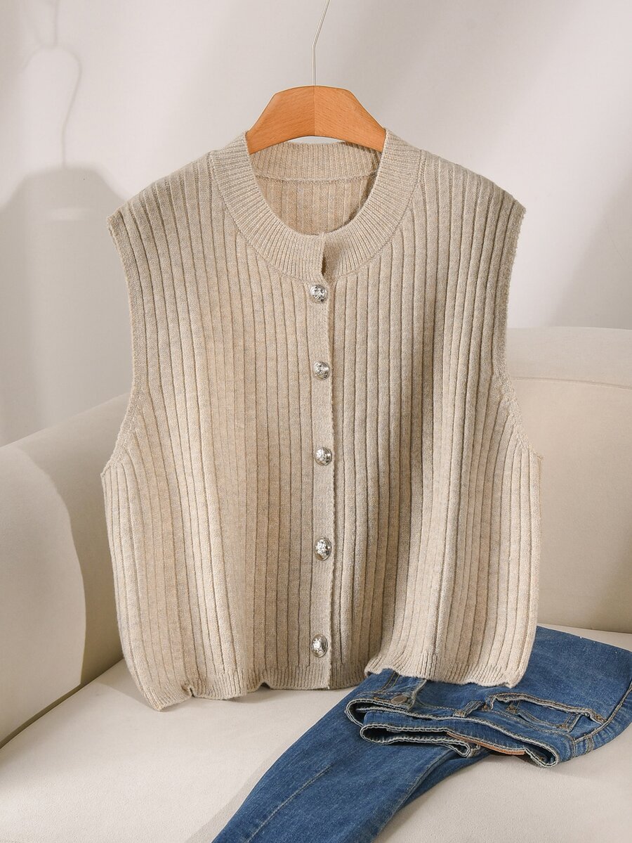 CosyJoli Plus Size Elegant French Casual Ribbed Knit Sweater Top With Metal Buttons, Minimalist Versatile For Women Winter - Apricot - View 1