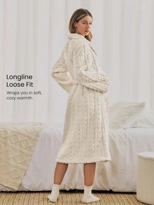 GLOWMODE Heavyweight Double-Faced Fleece Cozy Nights Long Robe With Detachable Tie Waist & Patch Pockets Daily Casual Home Fall Winter Wear - White - View 2