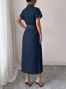 Elenzga Women's Minimalist Button Front Batwing Sleeve Washed Denim Dress - Dark Wash - View 2