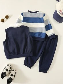 SHEIN 男女嬰兒/幼兒 3件組秋冬保暖內裡加厚休閒可愛毛絨背心外套與衛衣套裝，多件式冬季外套套裝，聖誕裝 - 棕色 - 查看 2