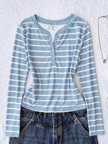 SHEIN 青少年女孩修身休閒極簡舒適圓領開扣白色與藍色條紋長袖T恤 - 藍色 - 查看 4