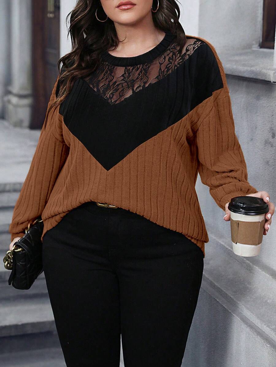 Easura Casual Commute Plus Size Women's Lace Patchwork Round Neck Contrast Color Long Sleeve Loose Ribbed T-Shirt T-Shirt, Fashionable Top For Autumn/Winter - Brown - View 1