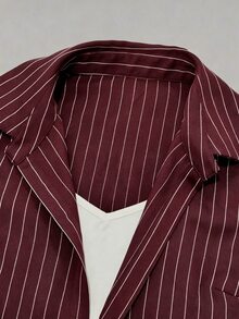 Olithes Kemeja Wanita Kasual untuk Perjalanan, Melangsingkan Pinggang, Model 2 in 1, Garis-garis Biru Tua, Lengan Panjang dan Pendek dengan Kerah. - Burgundy - View 3