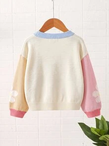SHEIN 女童小女孩彩色拼接針織開襟衫，花卉圖案，適合秋冬，柔軟 - 白色 - 查看 2