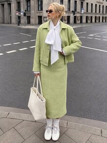 Struktiv Casual Elegant Button Jacket + Skirt Chenille Jacquard Green 2 Pieces Set - Green - View 3