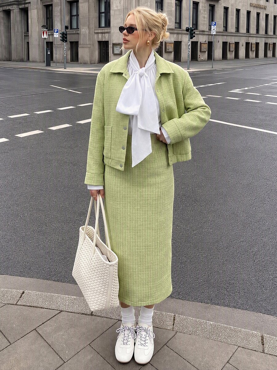 Struktiv Casual Elegant Button Jacket + Skirt Chenille Jacquard Green 2 Pieces Set - Green - View 1