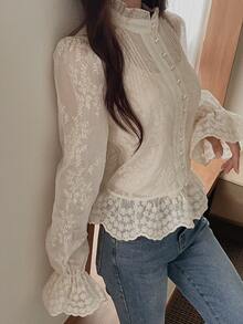 DAZY Women's Stand Collar Long Sleeve Single-Breasted Ruffle Hem Fashion Shirt - Apricot - View 5
