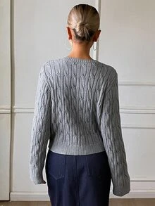 DAZY 女款純色寬鬆短版V領長袖麻花編織復古休閒韓風秋冬假休風套頭毛衣 - 灰色 - 查看 5