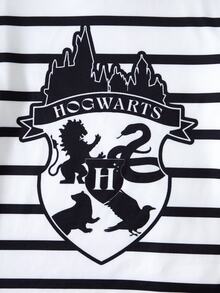 HARRY POTTER X SHEIN طقم بيجامة كاجوال يومي منزلي للأولاد المراهقين، ملابس علوية بأكمام طويلة مطبوعة بخطوط وحروف مع بنطال - أبيض وأسود - مشاهدة 4