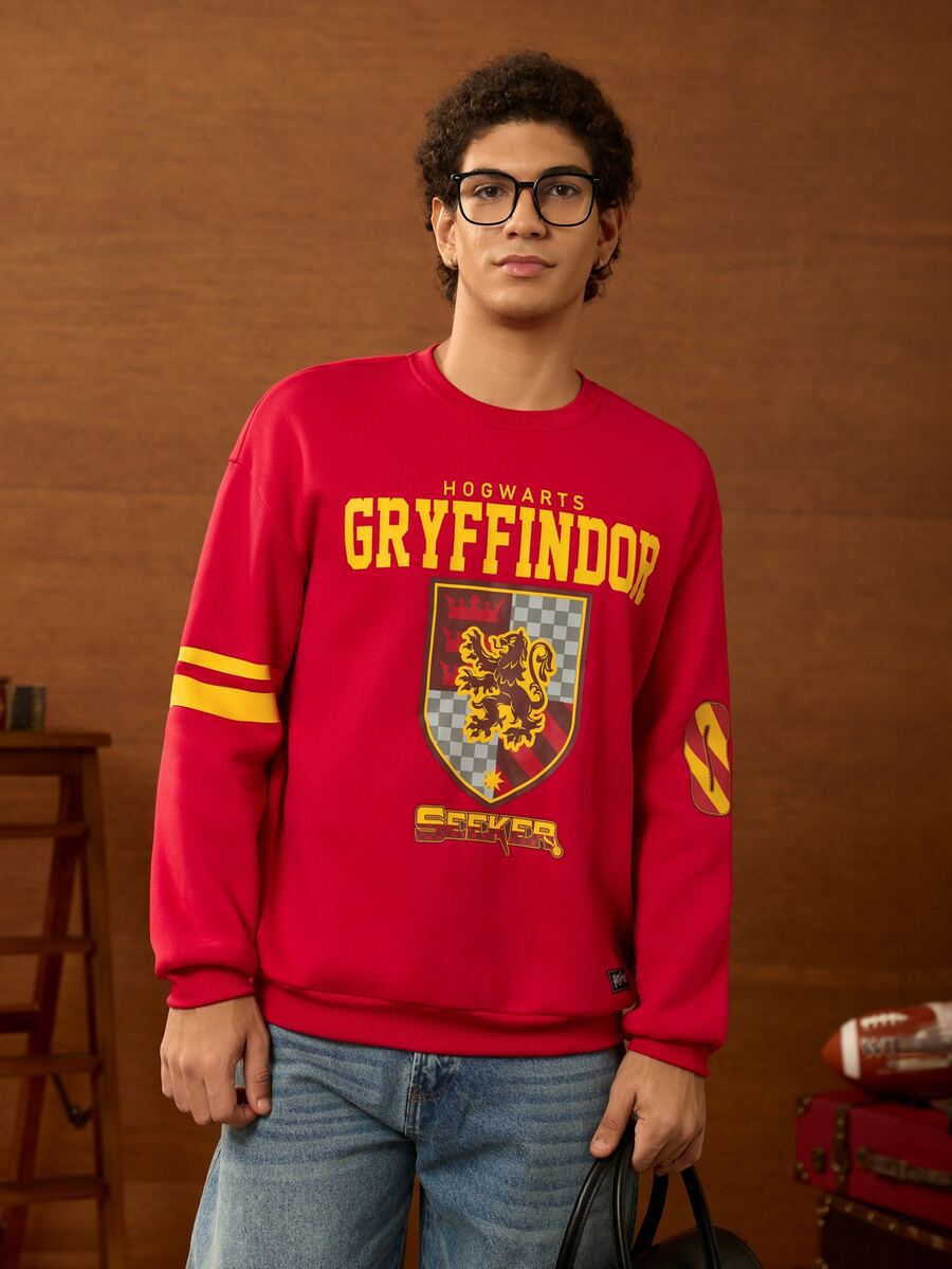 HARRY POTTER X SHEIN Men's Letter Print Crew Neck Casual Pullover Sweatshirt - Red - View 1