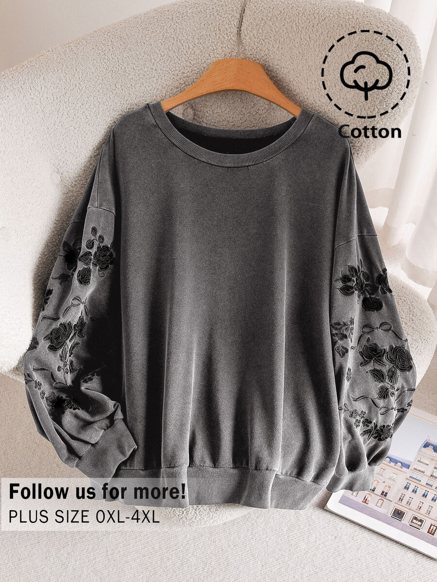 CosyJoli Plus Size Women's Vintage Vacation Embroidered Long Sleeve Sweatshirt Fall - Grey - View 1