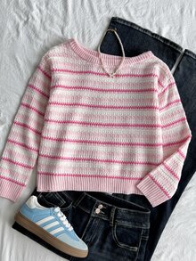 SHEIN Tween Girls Sweaters Versatile Gradient Striped Mini Knit Cute Vacation Sweater - Pink - View 1