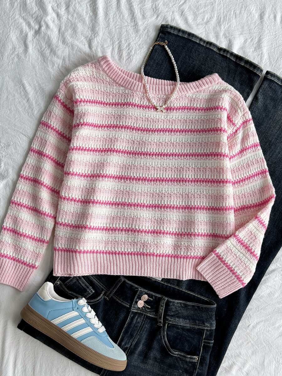 SHEIN Tween Girls Sweaters Versatile Gradient Striped Mini Knit Cute Vacation Sweater - Pink - View 1
