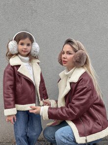 Emery Rose Kids Emery Rose Kids 女童拼色時尚拉鍊翻領PU材質秋冬夾克 - 酒紅色 - 查看 3