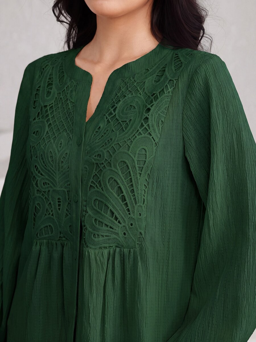 Graceveil Women's Elegant Embroidered Textured Button Vacation Shirt - Dark Green - View 1