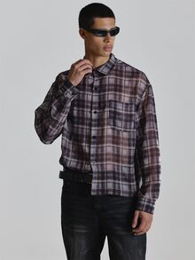 Musero Oversized Crop Long Sleeve Shirt In Textured Check Fabric Drop Shoulder Patch Chest Pocket Autum Winter Essentials - Purple - View 2