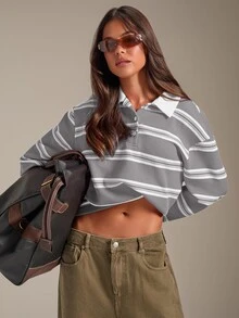Athîral 女款休閒拼色 Polo 領紅色條紋 T 恤，秋季服飾 - 灰色 - 查看 1
