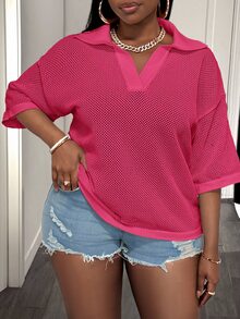 Slaydiva Plus Size Women Solid Color Lapel Collar Drop Shoulder Casual Knit Top - Watermelon Pink - View 5