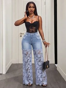Slaydiva Celana Jeans Wanita Model Lurus Elegan dengan Saku dan Renda Kontras - Biru - View 6