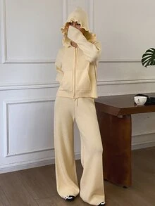 DAZY Solid Color Loose Hooded Zip-Up Sweater And Straight Leg Pants Casual Vacation Autumn/Winter Two Pieces Set For Women - Yellow - View 5