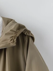 EMERY ROSE Áo khoác trench dáng vừa cho nữ size lớn, màu trơn, có mũ, eo nhún, hai túi, vạt mở, cài nút đơn, xẻ gấu, phong cách thường ngày thanh lịch đa năng cho mùa xuân/thu - màu đen - Xem 5