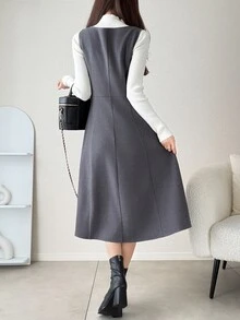 FRIFUL Gaun Berlapis Kancing Gaya Korea Preppy untuk Wanita - Grey - View 2