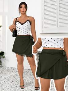 SHEIN Frenchy Celana Pendek Model Ikat Pinggang Kasual Musim Panas Ukuran Besar - Dark Green - View 9