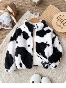 SHEIN 女嬰可愛百搭休閒毛絨碎花長袖冬季外套 - 黑與白 - 查看 1
