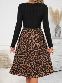 SHEIN Clasi Women's Casual Leopard Print Patchwork Midi Dress, Autumn - Black - View 2