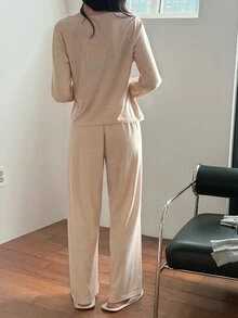 DAZY Women's 2 Pieces Faux Layered Long Sleeve Top And Pants Casual Daily Loungewear Set - Apricot - View 2