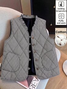 SHEIN Clasi 女款單排扣休閒格紋菱格背心冬外套 - 黑與白 - 查看 1